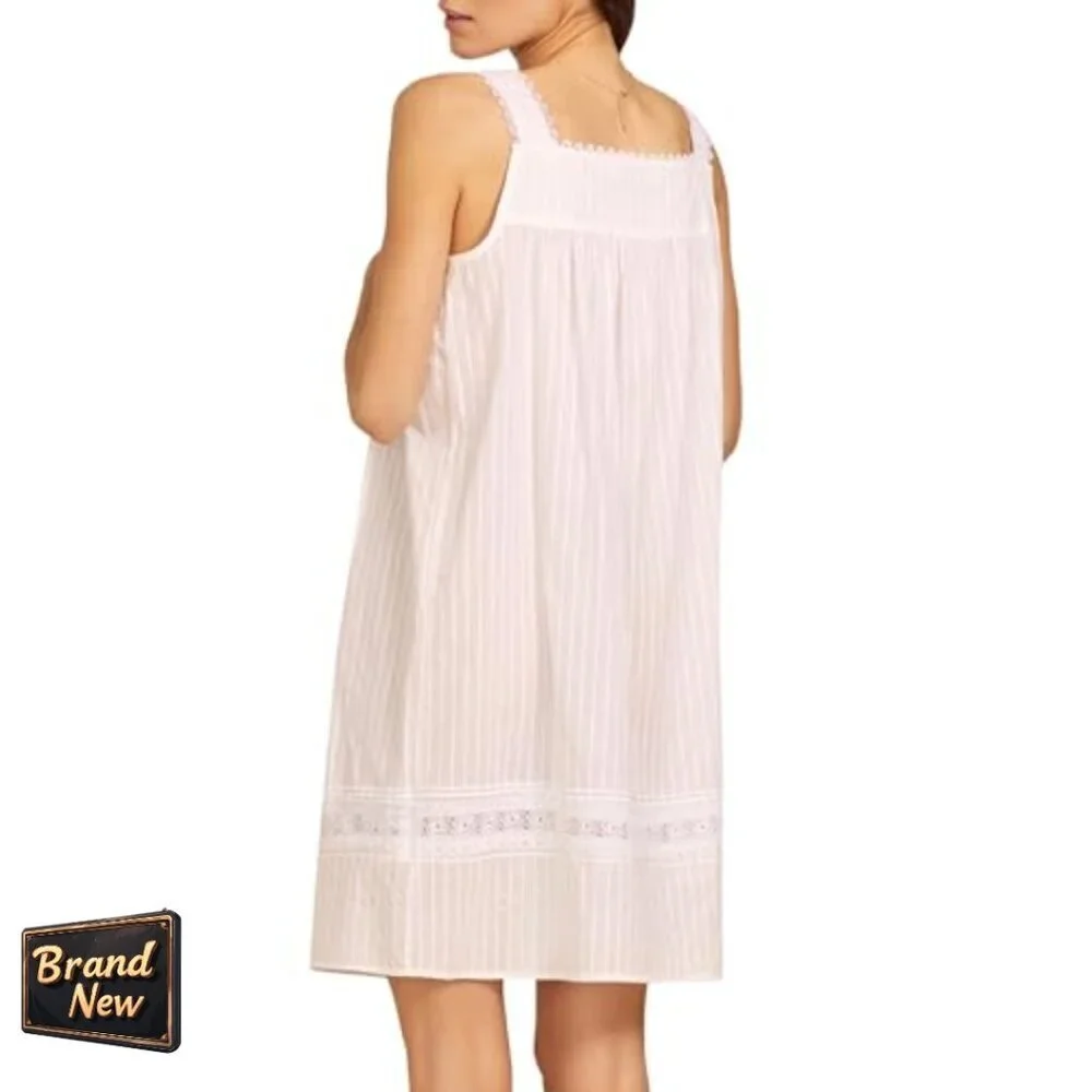 Sleeveless Cotton Nightgown, Knee Length, Button Front, Lace Trim